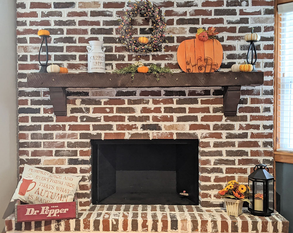 German Schmear Brick Fireplace with Fall Mantle Decor